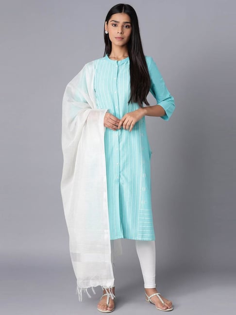 W Sky Blue White Cotton Printed Kurta Leggings Set With Dupatta