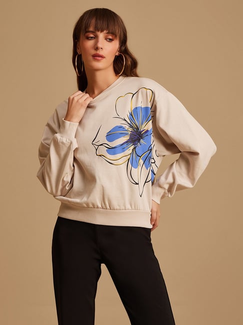 Kazo Light Beige Floral Print Sweatshirt