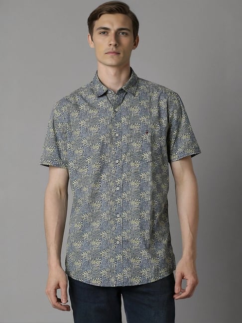 Louis Philippe Blue Cotton Slim Fit Printed Shirt