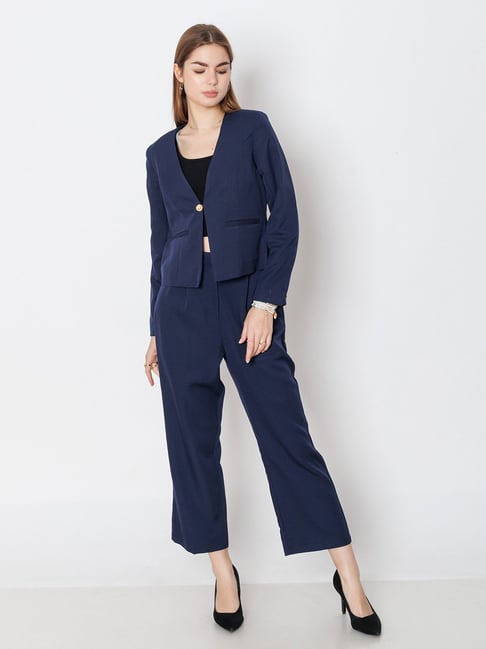 Zink London Navy Regular Fit Formal Trousers