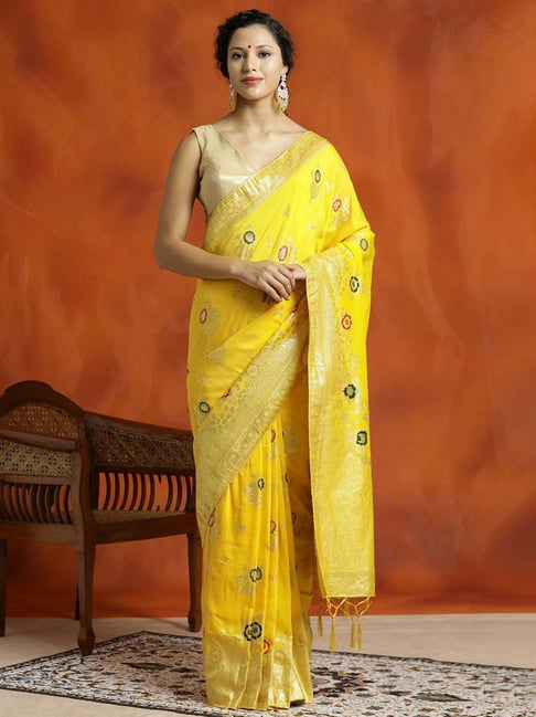 Jaipur Kurti Yellow Woven Saree With Unstitched Blouse-picture-48
