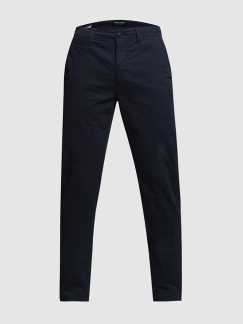 Jack Jones Navy Blue Cotton Regular fit Solid Chinos