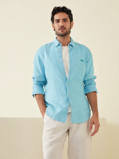 Andamen Blue Linen Regular Fit Solid Shirt-picture-17