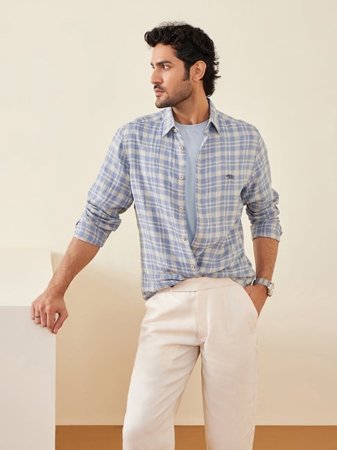 Andamen Blue Linen Slim Fit Check Shirt-picture-12