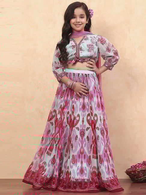 Biba Girls Turquoise Floral Print Lehengas Cholis
