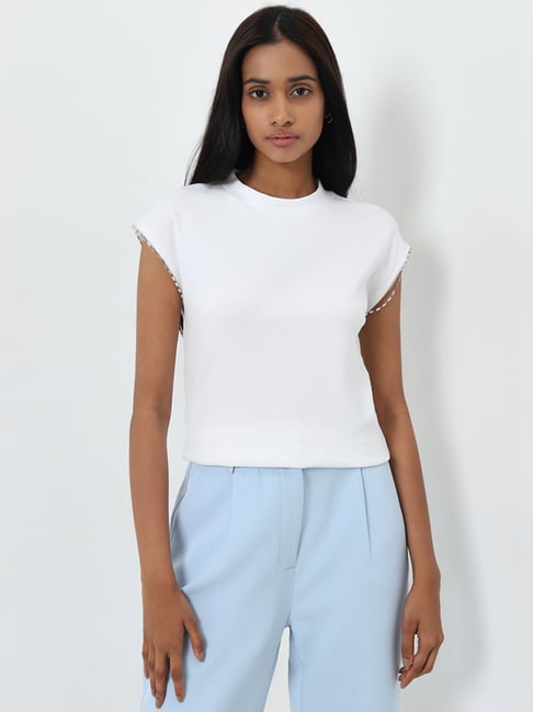 Wardrobe by Westside White Embellished Cotton-Blend Top