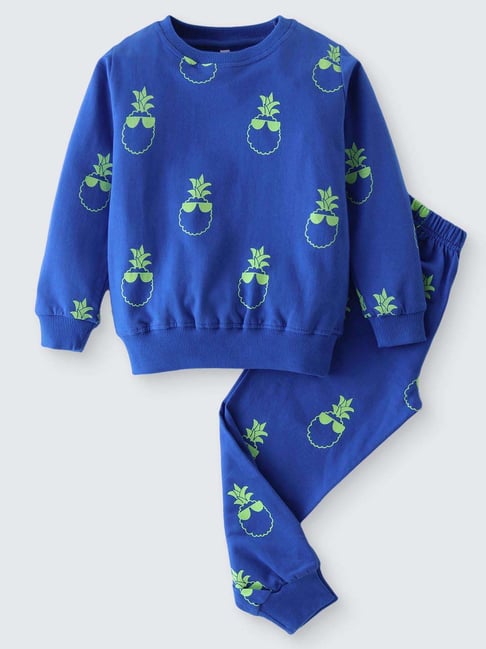 Nite Flite Boys Royal Blue Cotton Printed Full Sleeves Co-ord Sets