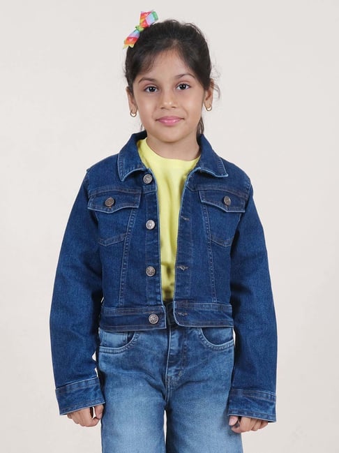 Kiddopanti Girls Dark Rag Wash Blue Solid Full Sleeves Coats Jackets