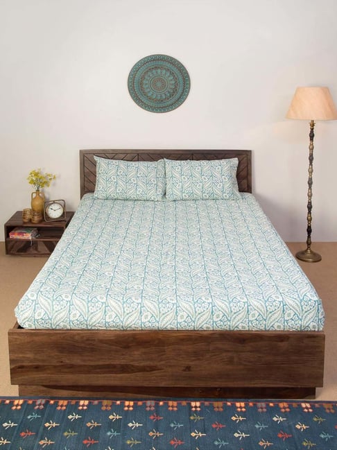 Fabindia Home Standalone Blue Cotton 118 TC Printed Double Bedsheet With 2 Pillow Cover-image-2