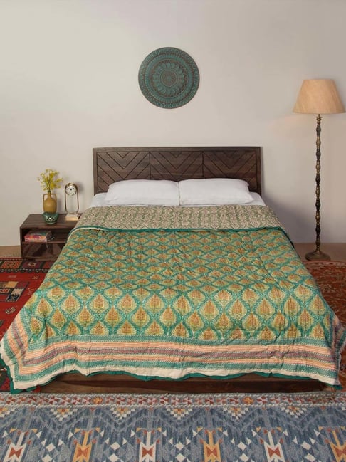 Fabindia Home Paro Green Cotton 118 TC 56 GSM Hand Block Printed Double Quilt