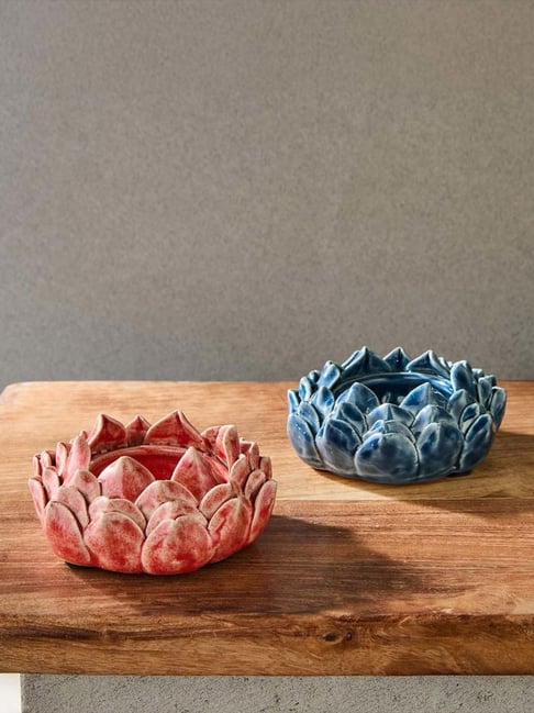 Fabindia Home Chintz Pink & Blue Ceramic T-Lite Holder - Set of 2