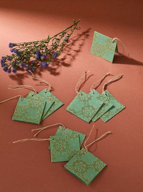 Fabindia Home Green Paper Printed Sarkhaab Gift Tag - Set of 10
