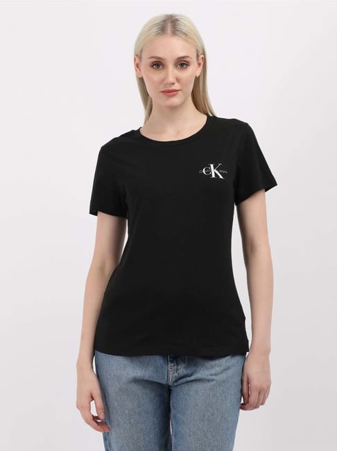 CALVIN KLEIN JEANS Black Cotton Plain T-Shirt