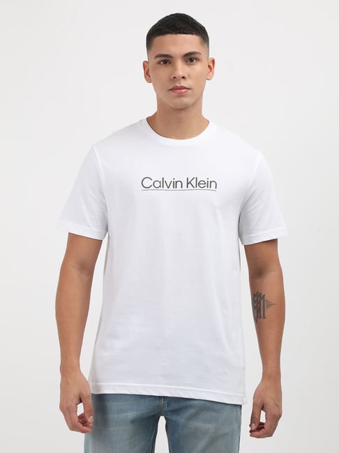 Calvin Klein Jeans White Cotton Regular Fit Printed T Shirt