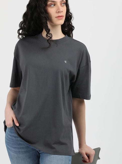 CALVIN KLEIN JEANS Grey Cotton Plain T-Shirt