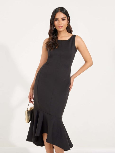 black pleated detail frill hem bodycon dress Aces Cami Strap Ruffle Hem Mini Bodycon Dress Black