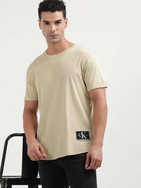Calvin Klein Pale Khaki Cotton Regular Fit Solid T-Shirt
