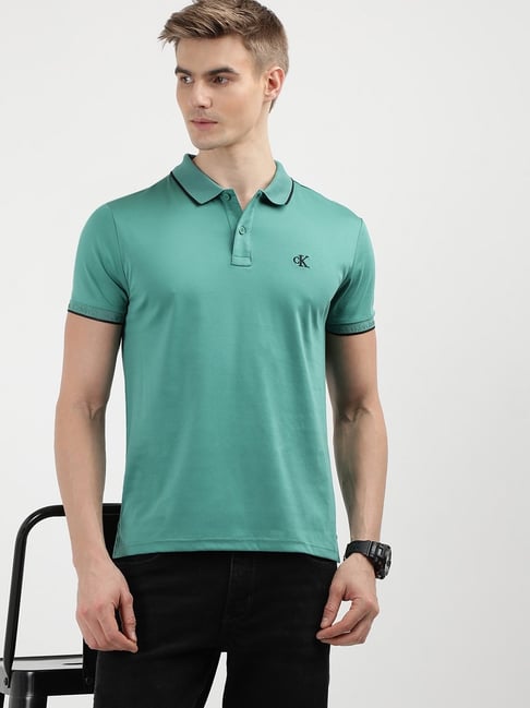 Calvin Klein Bahama Green Cotton Slim Fit Solid Polo T-Shirt