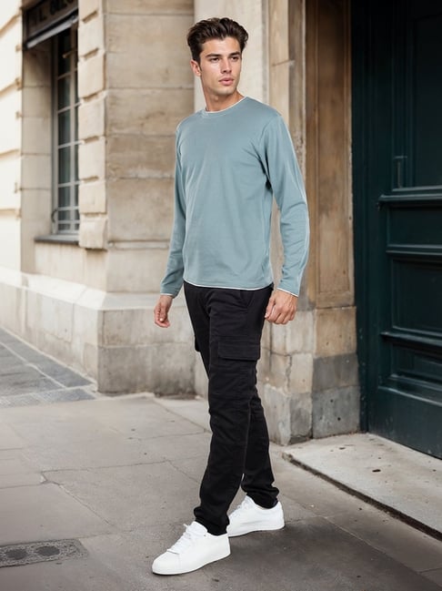 celio* Vert Green Solid Regular Fit Cotton Long Sleeves T-Shirt