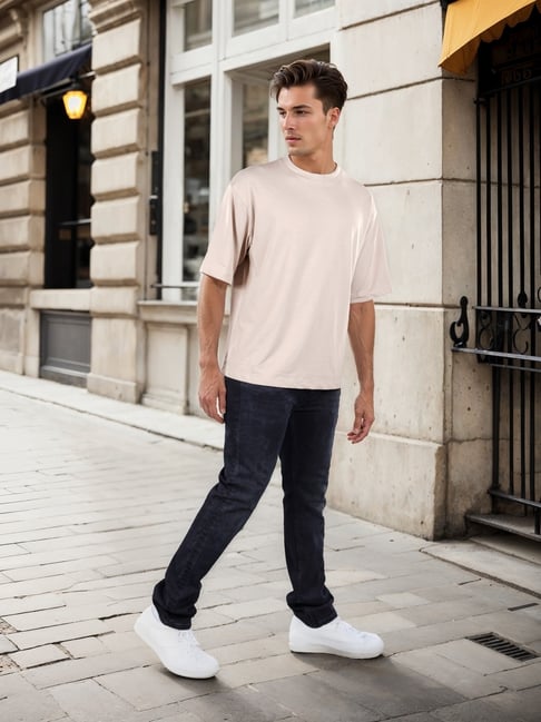 celio* Ray Taupe Solid Loose Fit Cotton T-Shirt