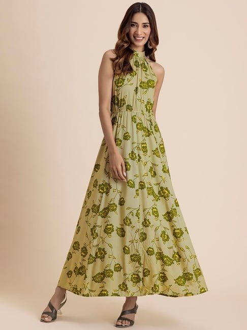 Moomaya Green Floral Print Maxi Dress-picture-34