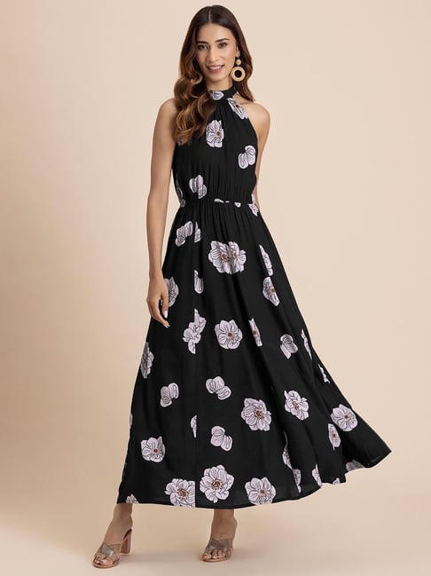 Moomaya Black Floral Print Maxi Dress-picture-39
