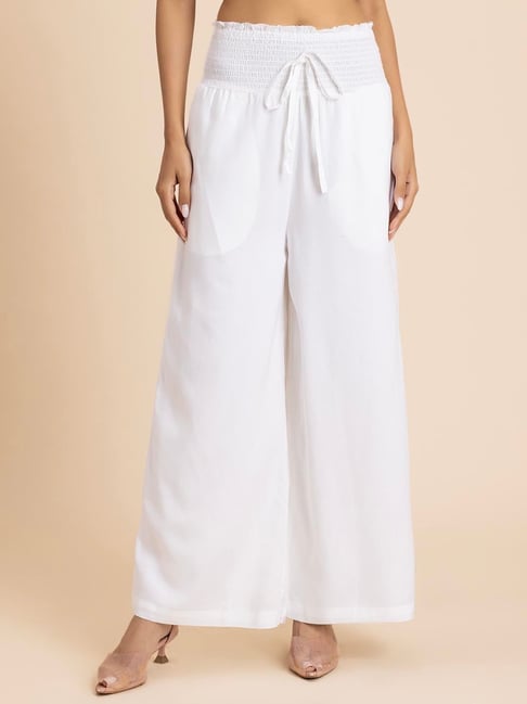 Moomaya White Regular Fit High Rise Palazzos-picture-25