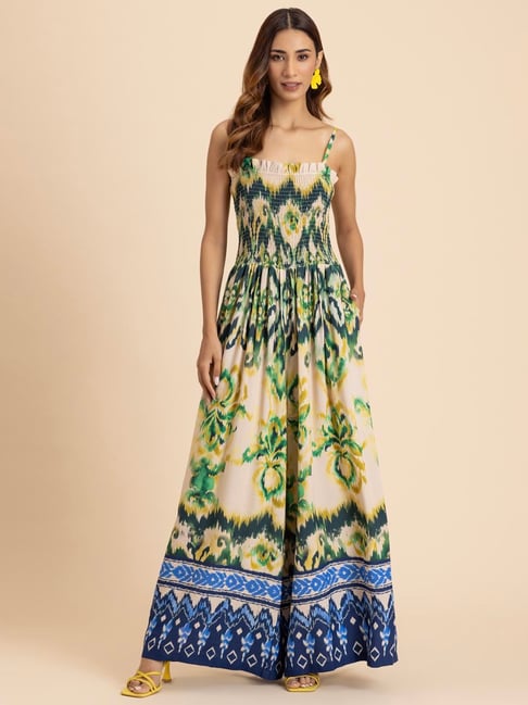 Moomaya Green & Blue Printed Jumpsuit