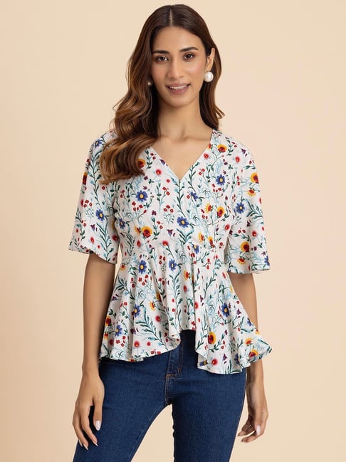 Moomaya White & Green Floral Print Top