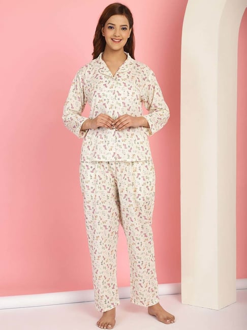 TAG 7 White Cotton Printed Shirt Pyjamas Set