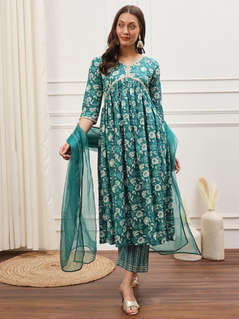 Meeranshi Teal Floral Print Kurta With Pant & Dupatta