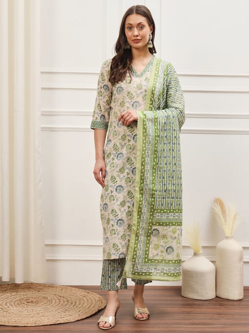 Meeranshi Cream Floral Print Kurta With Pant & Dupatta