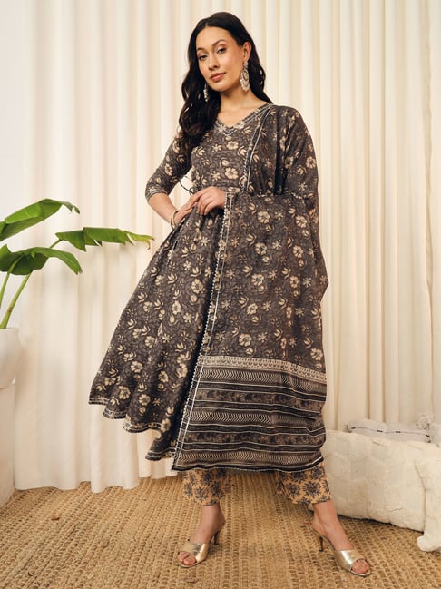 Meeranshi Beige Floral Print Kurta With Pant & Dupatta