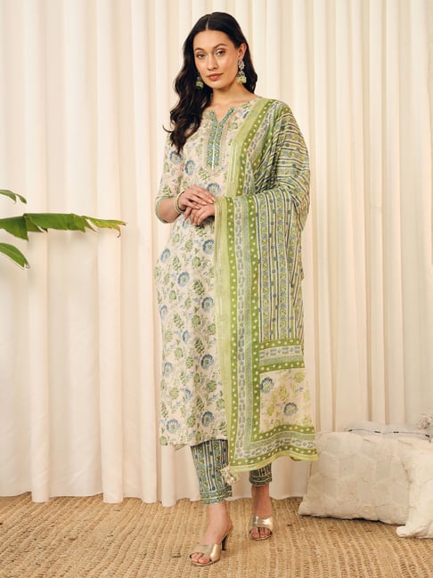 Meeranshi Green Floral Print Kurta With Pant & Dupatta