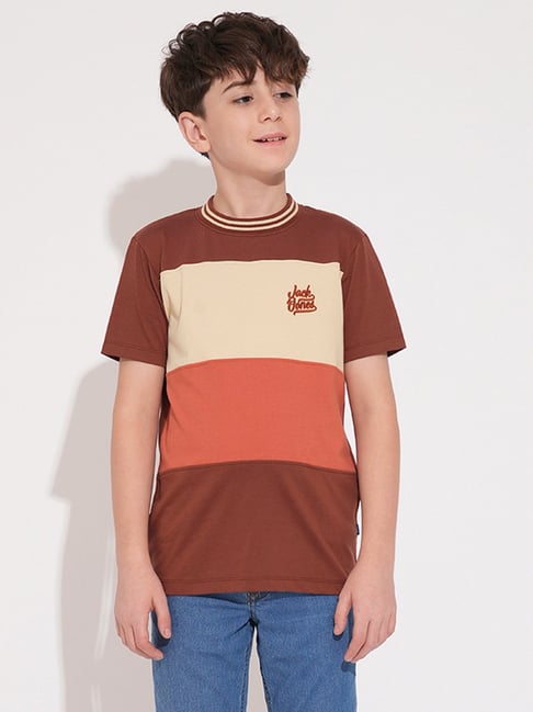 Jack & Jones Junior Boys Brown Cotton Color Block T-Shirt-picture-12
