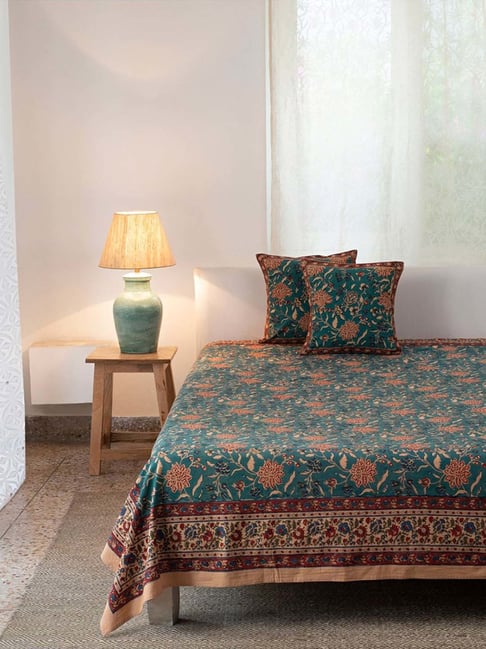 Fabindia Home Mehulika Teal Cotton 116 TC Single Bed Cover-picture-29