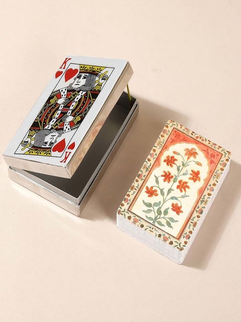 Fabindia Home Vivaram Multicolor Metal Box With Playing King Cards - Set of 53
