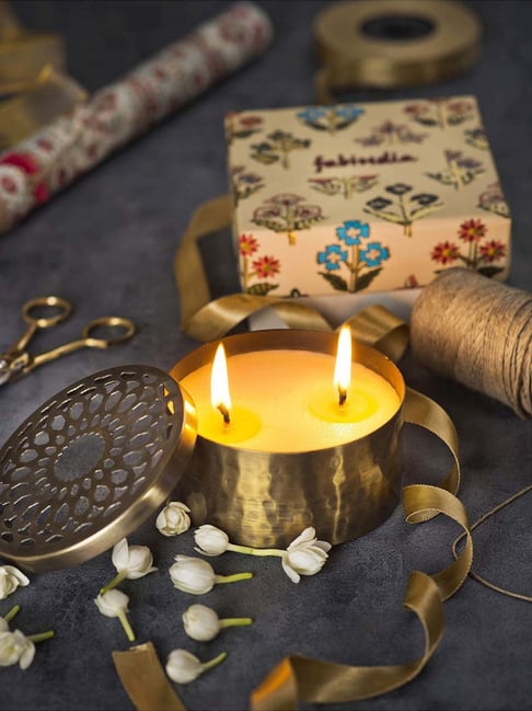 Fabindia Home Idris Antique Brass Metal Oakwood Fragrance Candle