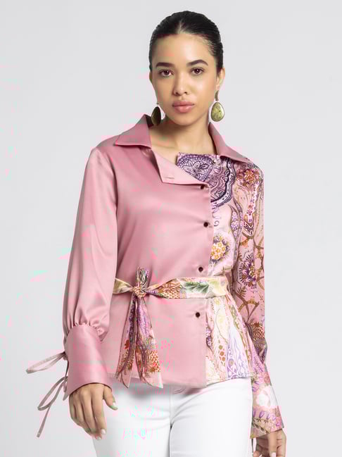 SHAYE Dusty Pink Printed Shirt With Belt-picture-14
