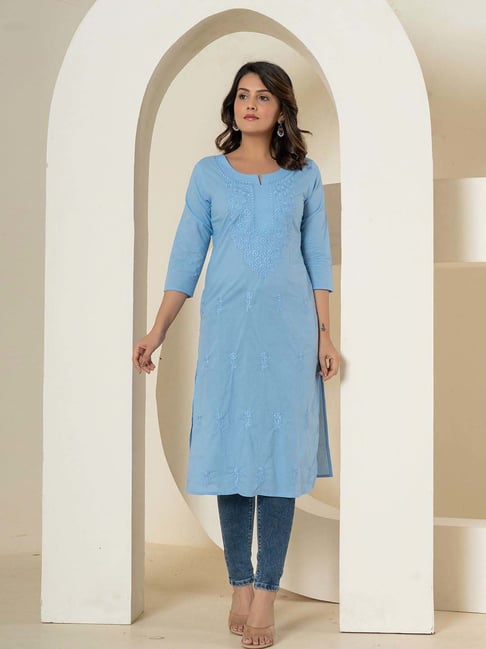 Yufta Sky Blue Cotton Embroidered Straight Kurta-picture-11