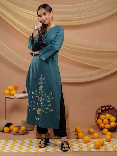 Buy Yufta Teal Blue Cotton Printed Straight Kurta for Women Online Tata CLiQ