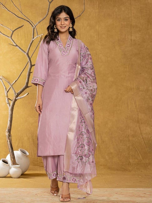 Yufta Purple Embroidered Kurta Pant Set With Dupatta