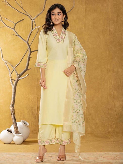 Yufta Yellow Embroidered Kurta Pant Set With Dupatta
