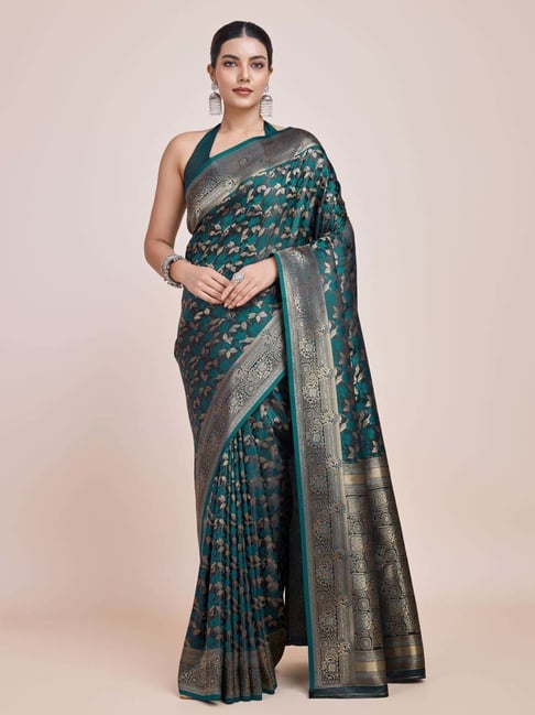 Monjolika Fashion Teal Blue Woven Saree With Unstitched Blouse-picture-38