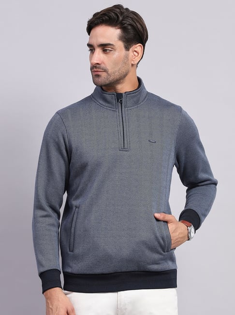 Monte Carlo Navy Blue Regular Fit Self Pattern Sweatshirt