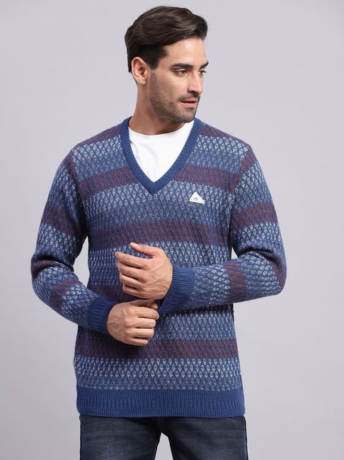 Buy Monte Carlo Navy Blue Regular Fit Self Pattern Sweaters for