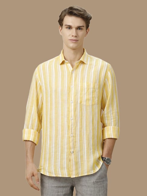 Linen Club Yellow Linen Contemporary Fit Striped Shirt