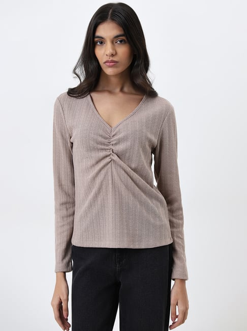 LOV by Westside Beige Knit-Textured Top