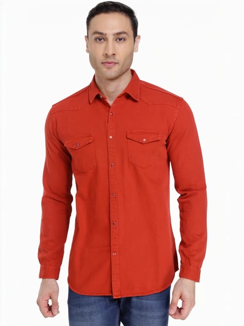 Kuons Avenue Flame Orange Slim Fit Denim Shirt