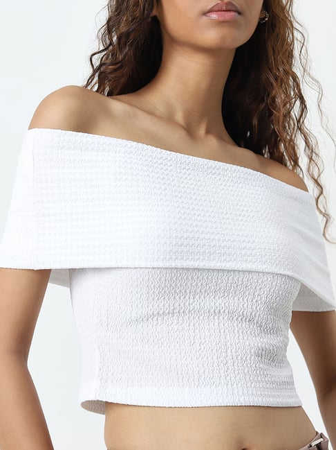 Nuon by Westside White Textured Off-Shoulder Top